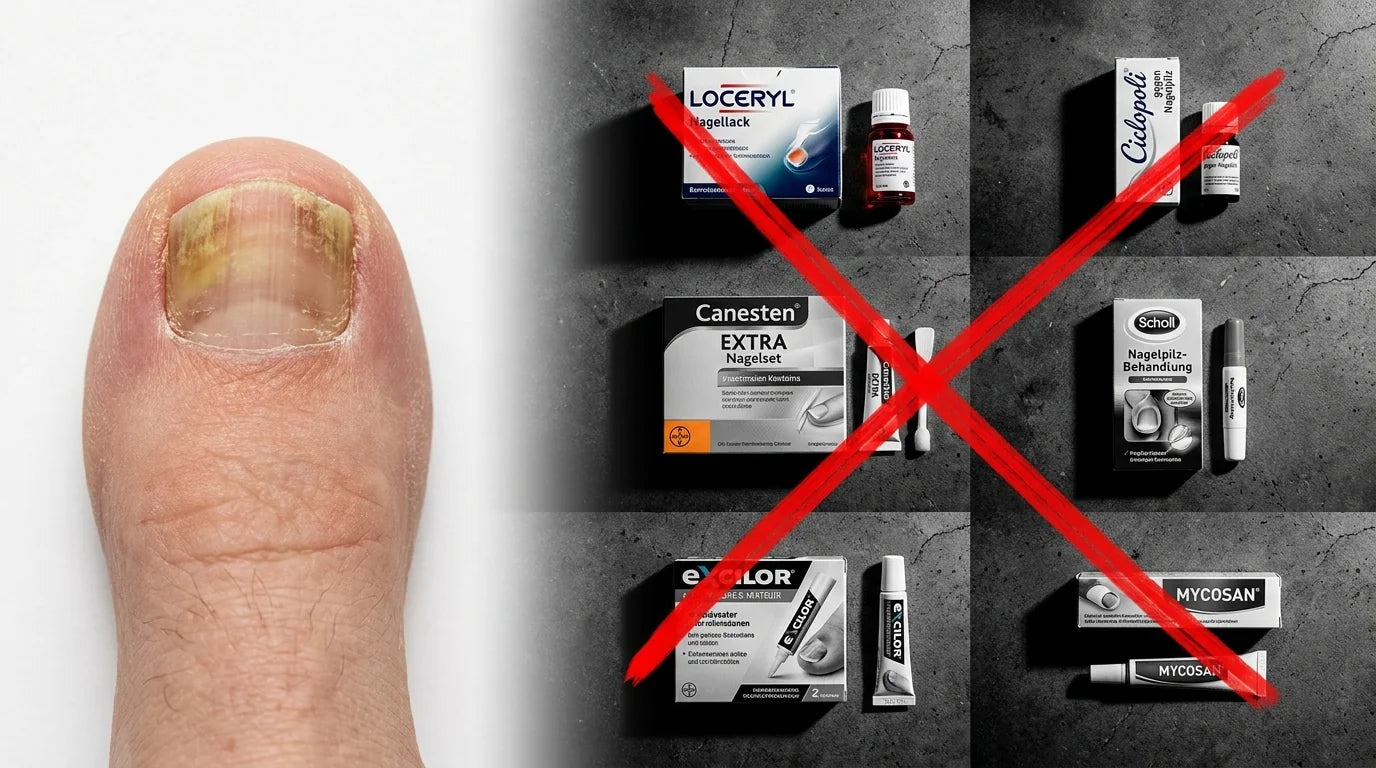 Flat-Lay-Foto der gängigsten rezeptfreien DACH-Apothekenprodukte gegen Nagelpilz — Loceryl, Ciclopoli, Canesten Extra, Scholl, Excilor und Mycosan.