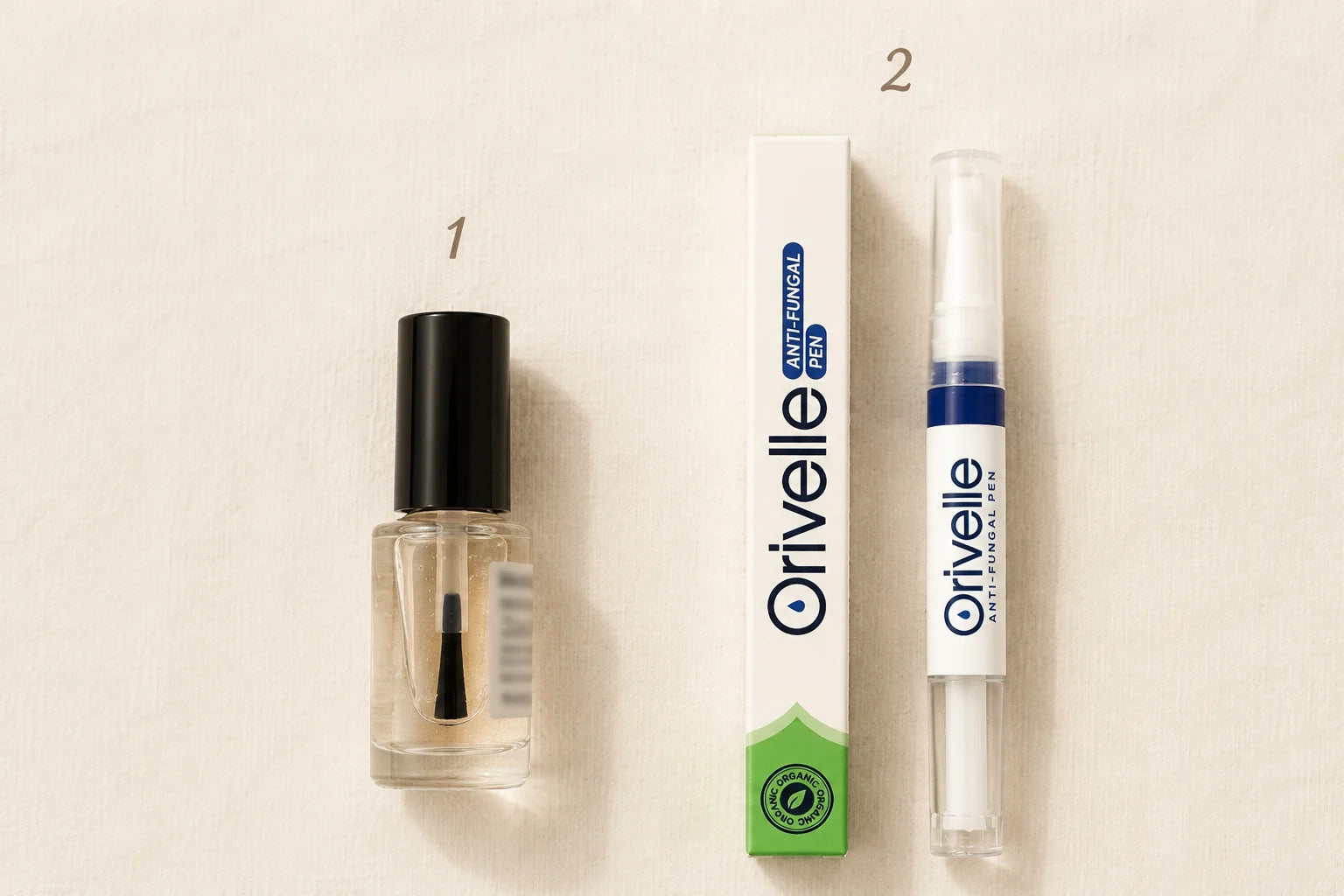 Editorial side-by-side product photograph showing a generic drugstore nail-gel bottle on the left and the Orivelle Antifungal Pen with its green-and-white box on the right, on a warm cream linen surface.