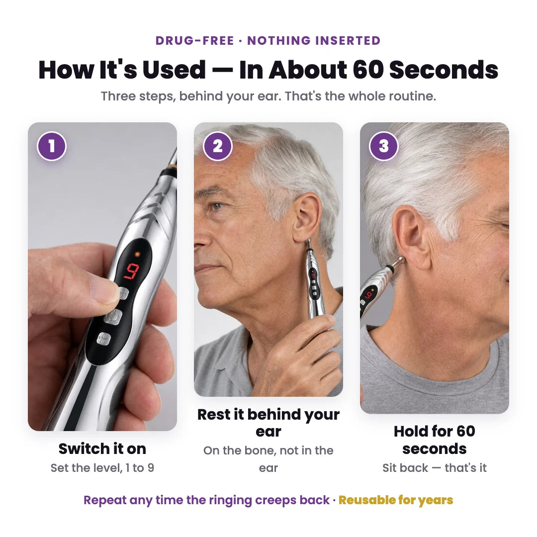 How to use Tinnito: switch it on, rest it behind your ear, hold for 60 seconds