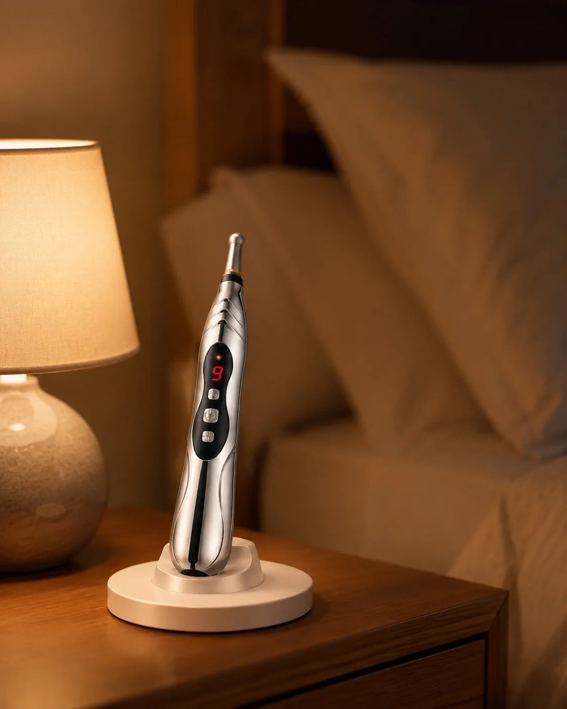 Tinnito resting on a nightstand as part of a nightly before-bed routine