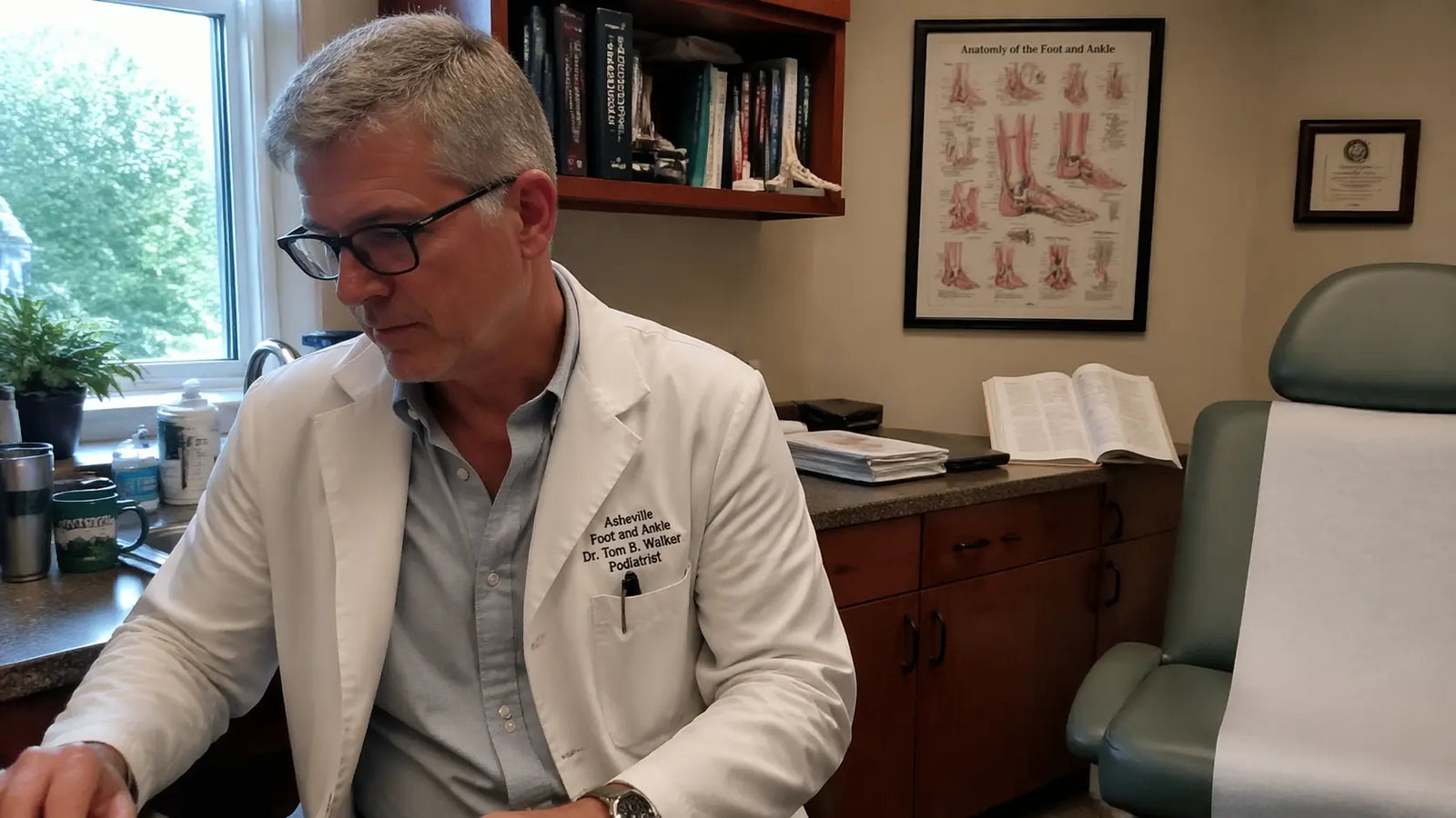 Dr. Daniel Hartley, a 51-year-old podiatrist, standing in his private practice exam room in Asheville, NC.