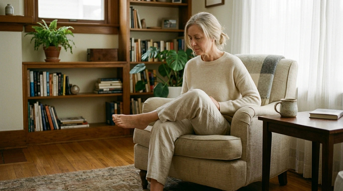 A woman in her early 50s quietly examining her bare feet in warm morning light at home.