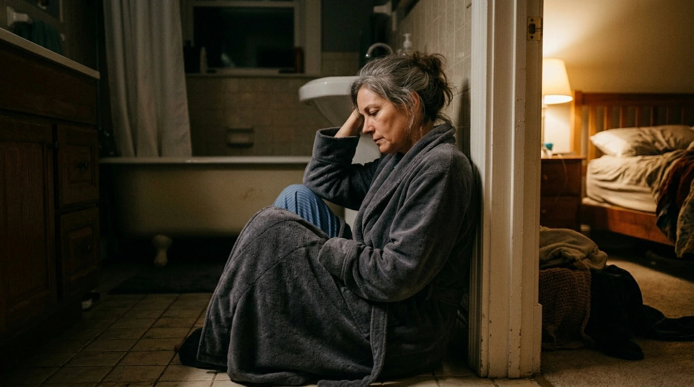 Woman in her mid-fifties sitting on the edge of a bathroom floor at night, lamp light spilling in from an adjoining room, quiet and defeated but composed.