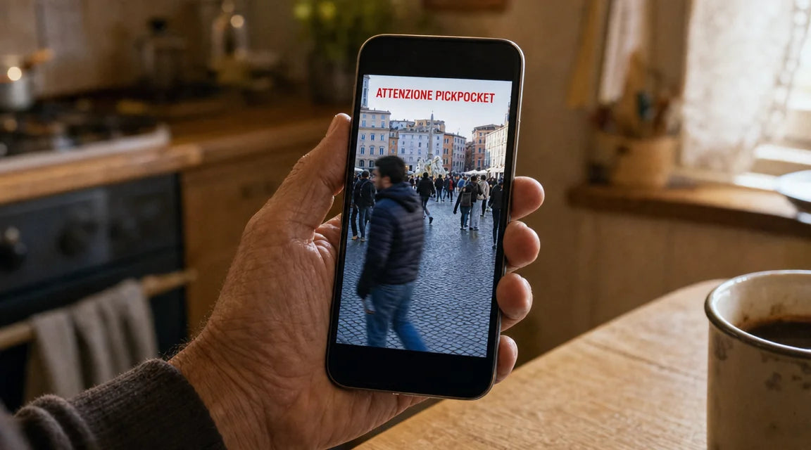 Older adult's hand holding a smartphone showing a paused TikTok video with bold red 'ATTENZIONE PICKPOCKET' text overlay at the top of the frozen frame