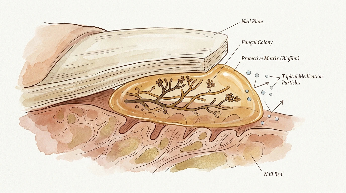 Editorial-style scientific illustration of a fungal biofilm forming under a toenail — a microscopic fortress sealing the colony inside a protective matrix.