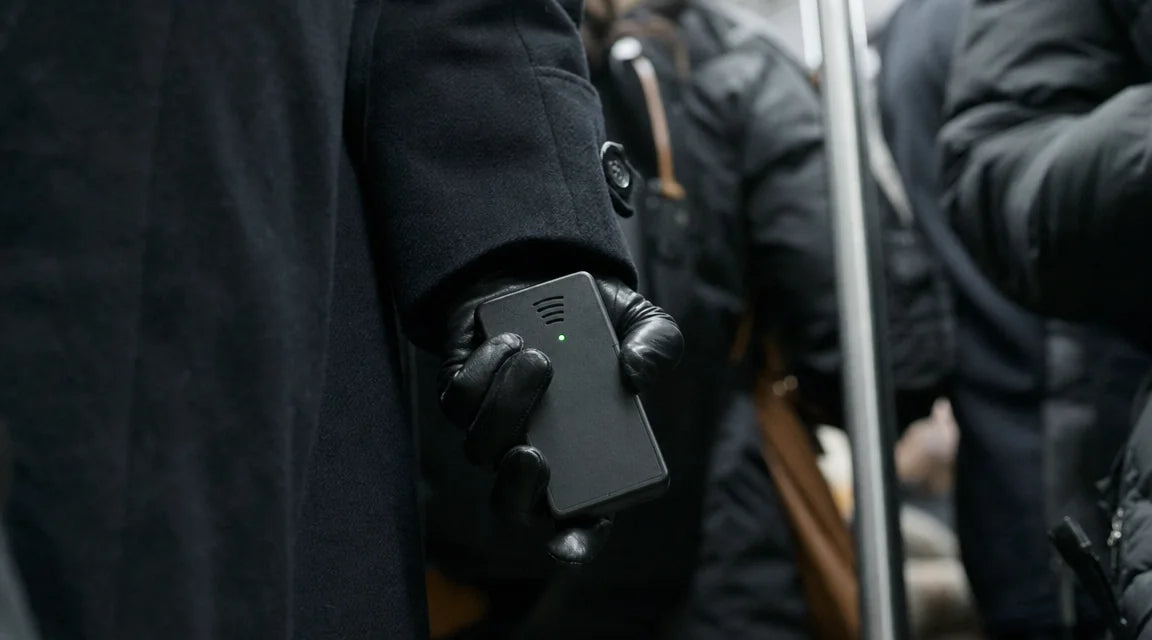Stranger's gloved hand in a transit crowd holds a small matte-black handheld NFC scanner device, deck-of-cards-sized, with a single green LED indicator, hip-level and partially concealed by the stranger's coat