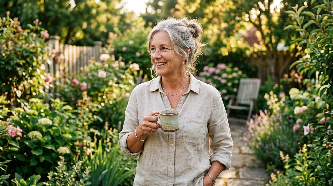 Candid portrait of a woman in her late fifties in a sunlit garden, warm golden-hour tones, genuine relaxed expression.