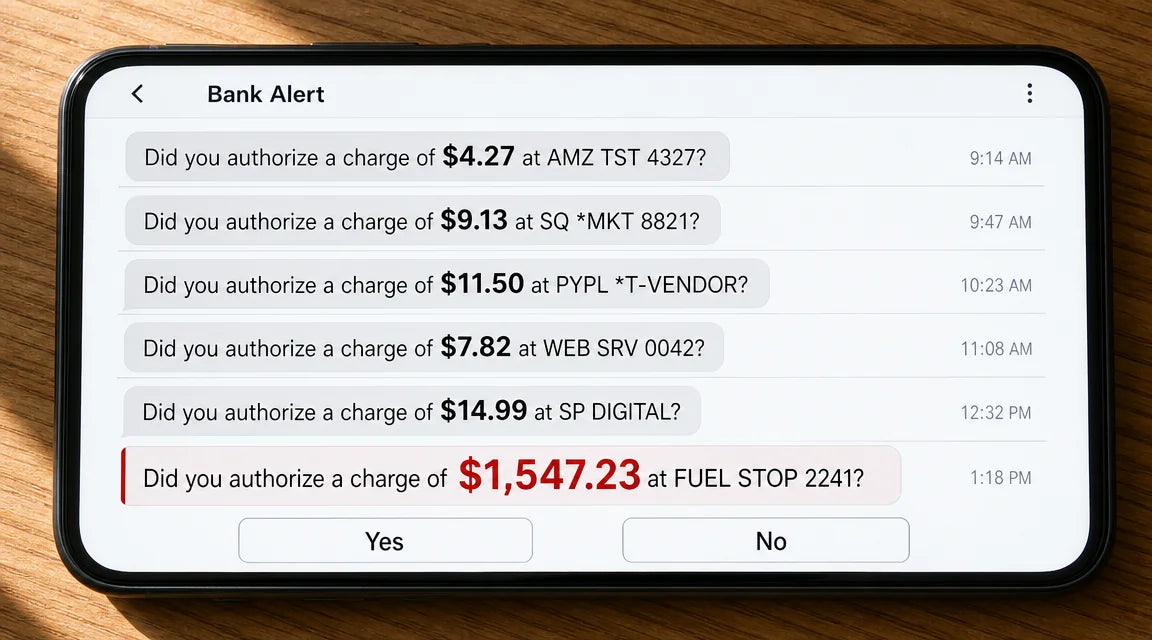 Closeup of a smartphone screen showing six stacked 'Bank Alert' text messages — five small test charges throughout the morning in bold black ($4.27, $9.13, $11.50, $7.82, $14.99) and one large fraud charge in extra-bold red text at 1:18 PM ($1,547.23 at FUEL STOP 2241)