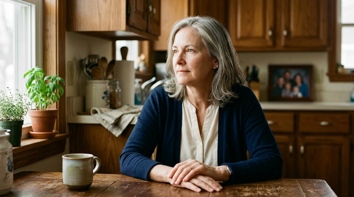 A candid portrait of Karen P., 58, Indianapolis — sitting calmly at her kitchen table.