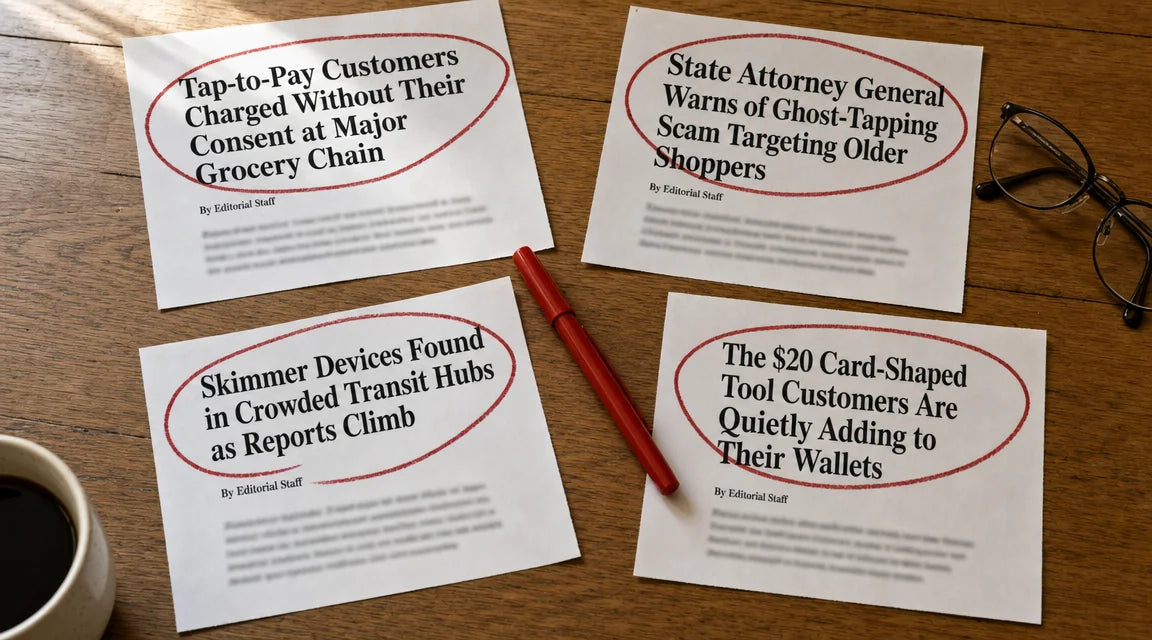 Top-down forensic flat-lay on warm oak: four printed news-article clippings with bold serif headlines about ghost-tapping, each headline circled in heavy red felt-tip ink, red pen and reading glasses beside them