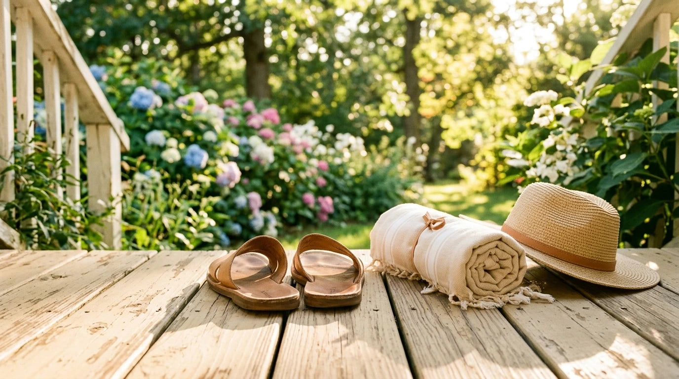 A pair of tan leather sandals on a sunlit porch — natural healthy toenails, lived-in and unselfconscious.