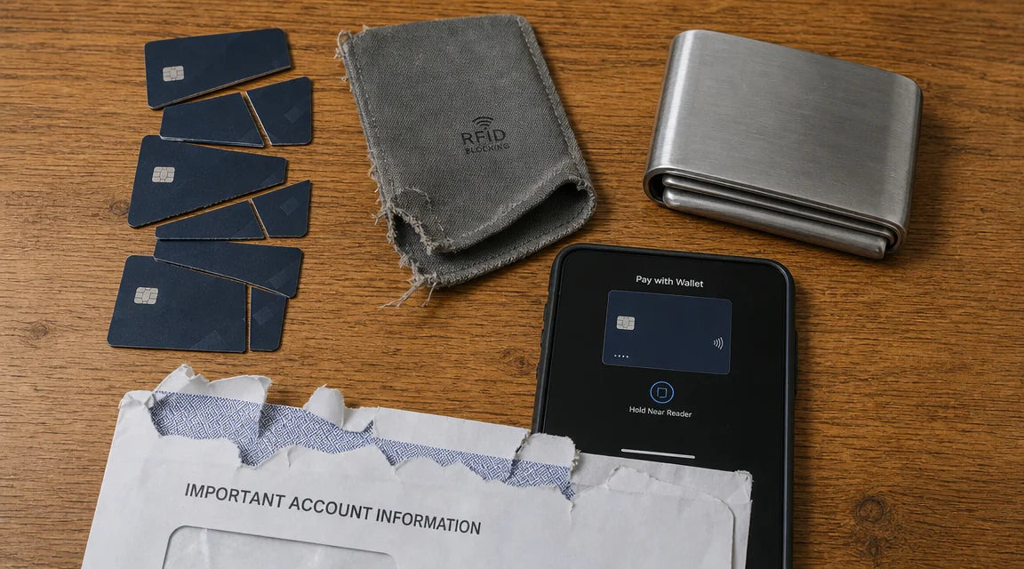Top-down forensic flat-lay on warm oak showing every failed defense: a stack of five cut-up reissued credit cards, a frayed RFID fabric sleeve, a bulky aluminum RFID wallet, a generic phone-wallet UI on a smartphone, and a torn bank fraud-alert envelope
