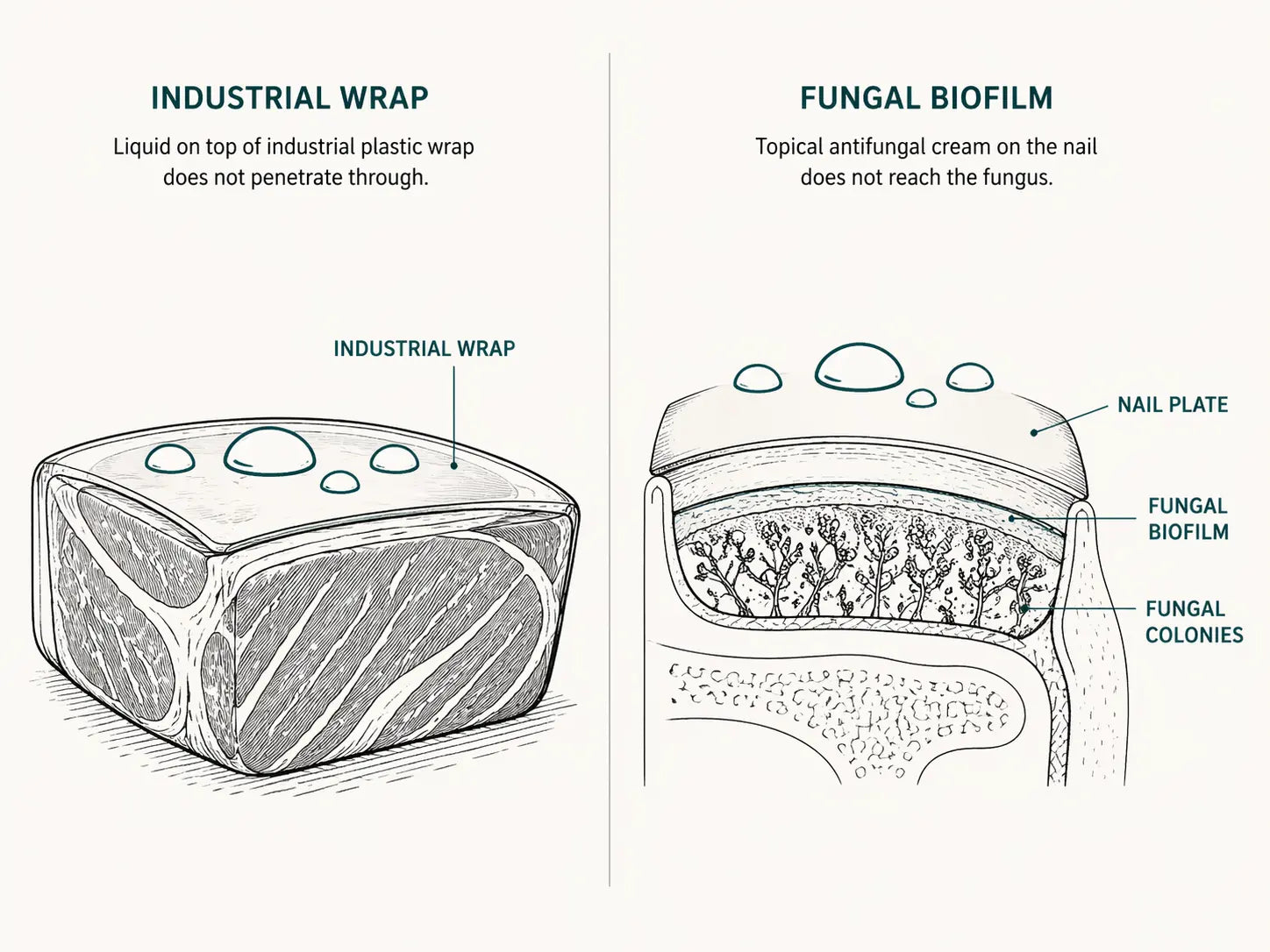 Side-by-side infographic: raw meat under industrial plastic wrap, and a human toenail with biofilm layer blocking antifungal cream.