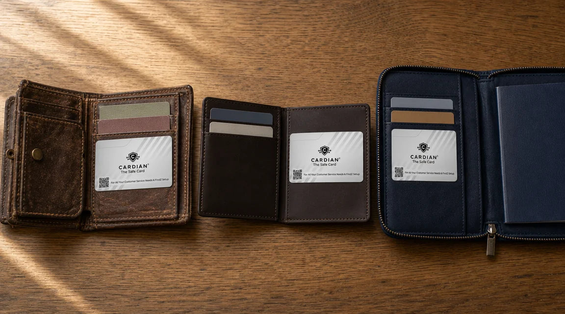 Top-down view of three different wallets on warm oak — an older mother's worn leather wallet, a working-age caregiver's modern bifold, and a travel passport pouch — each with a real Cardian card (white with grey diagonal stripes, black shield logo, QR code) visible in a card slot