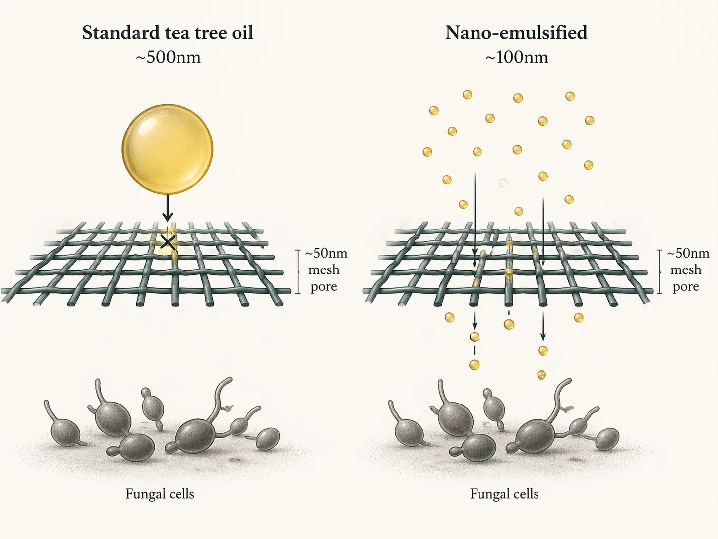 Side-by-side infographic comparing a large oil droplet blocked by a mesh versus nano-emulsified droplets passing through.