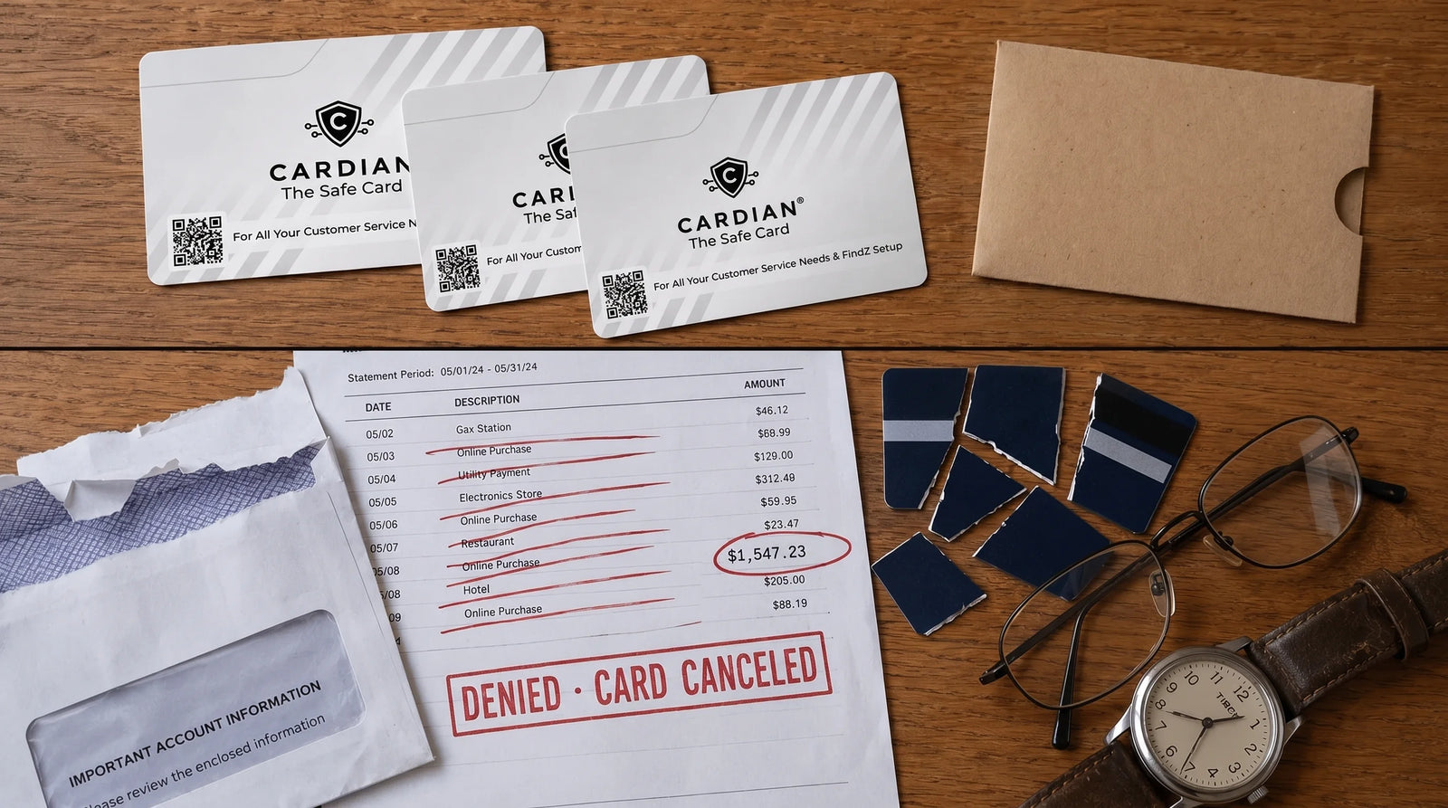 Top-down split-frame on warm oak: top half shows three real Cardian cards beside a kraft-paper sleeve and a '90-DAY GUARANTEE' card; bottom half shows fraud aftermath — a torn bank envelope, a monthly statement with a $1,547.23 total stamped 'DENIED · CARD CANCELED' in red, cut-up generic credit cards, reading glasses, and a vintage Timex watch