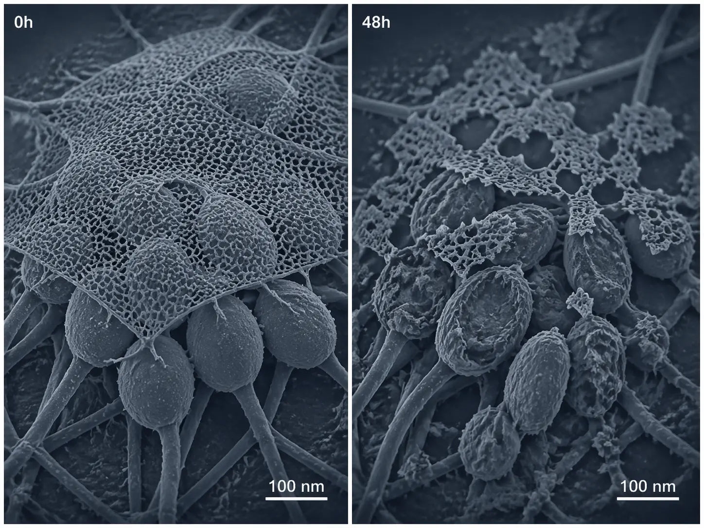 Side-by-side scientific illustration: intact biofilm at 0 hours and fragmented, dissolving biofilm at 48 hours.