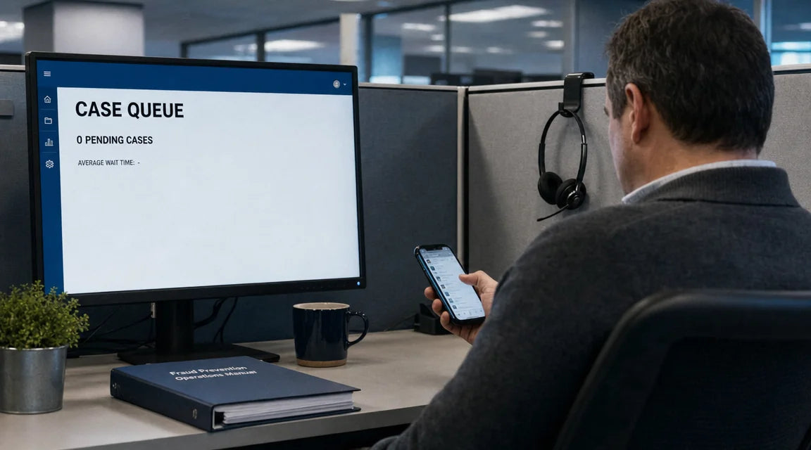 Side-angle view of a corporate bank fraud-prevention cubicle in a quiet state — the worker (faceless, back-of-head only) scrolls a personal smartphone while the headset hangs unused on the cubicle wall hook; the desk monitor shows a clean case-management interface reading 'CASE QUEUE — 0 PENDING CASES · AVERAGE WAIT TIME: —'; a closed 'Fraud Prevention Operations Manual' binder, an untouched coffee mug, and a small desk plant sit on the desk under cool fluorescent overhead lighting