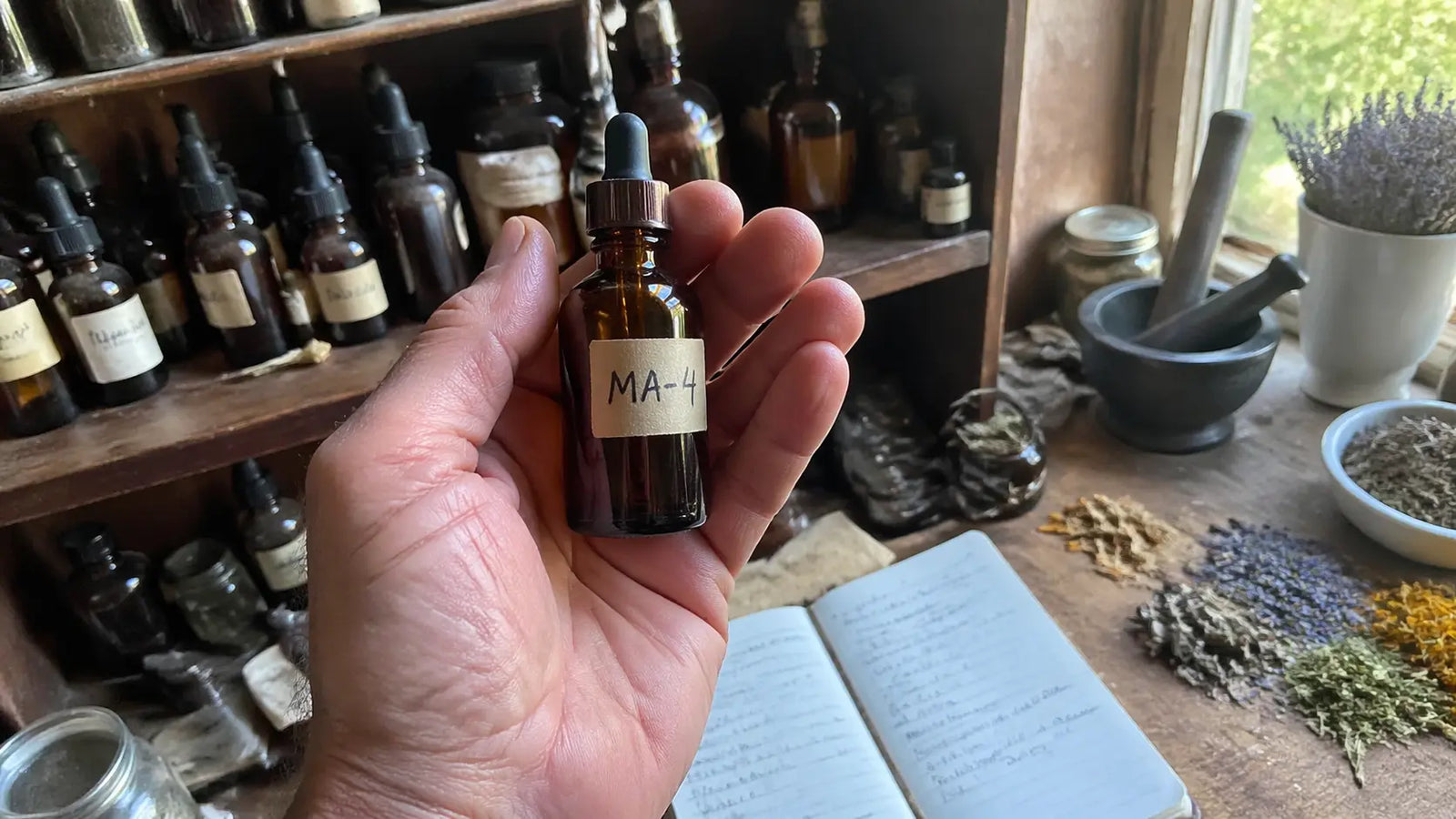 Alan's weathered hand holding a small unmarked amber glass bottle of his pre-commercial nano-emulsified formulation, with shelves of amber bottles and dried herbs softly blurred behind him.