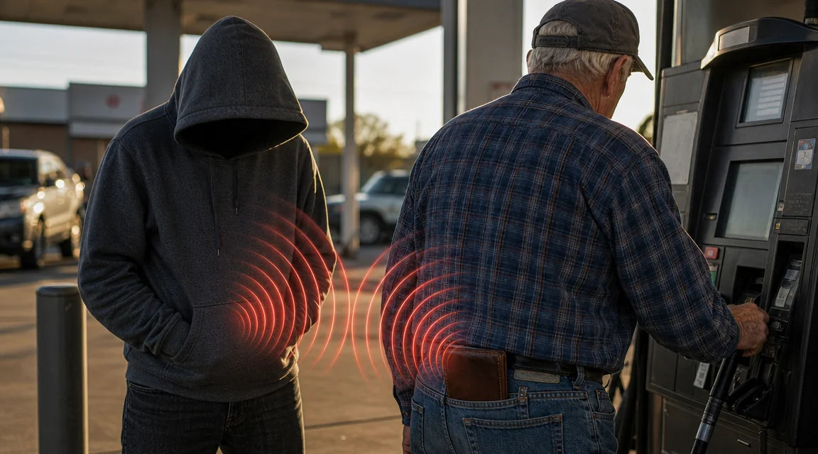 Editorial documentary photograph at a gas pump: an older man in flannel and ball cap reaches for the pump terminal while a hooded figure stands four feet to his left; a red NFC scan halo emanates from the hooded figure's coat pocket and a second red halo emanates from inside the older man's back-pocket wallet — the two signals meeting in the air between them