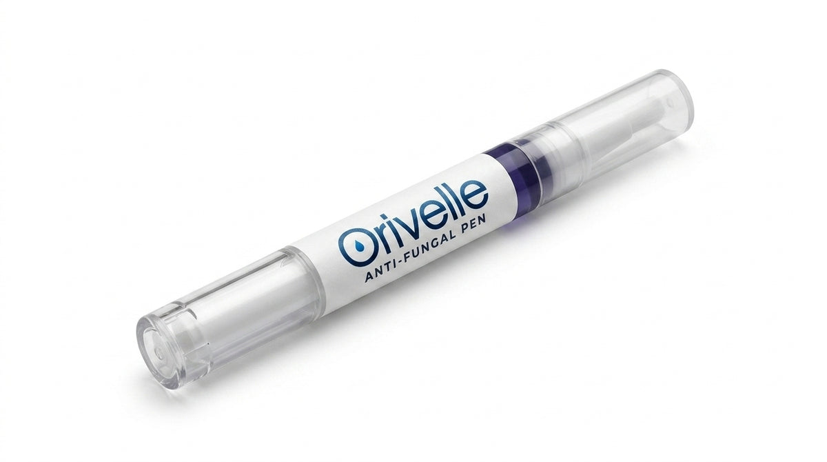 Orivelle anti-fungal pen on bathroom counter