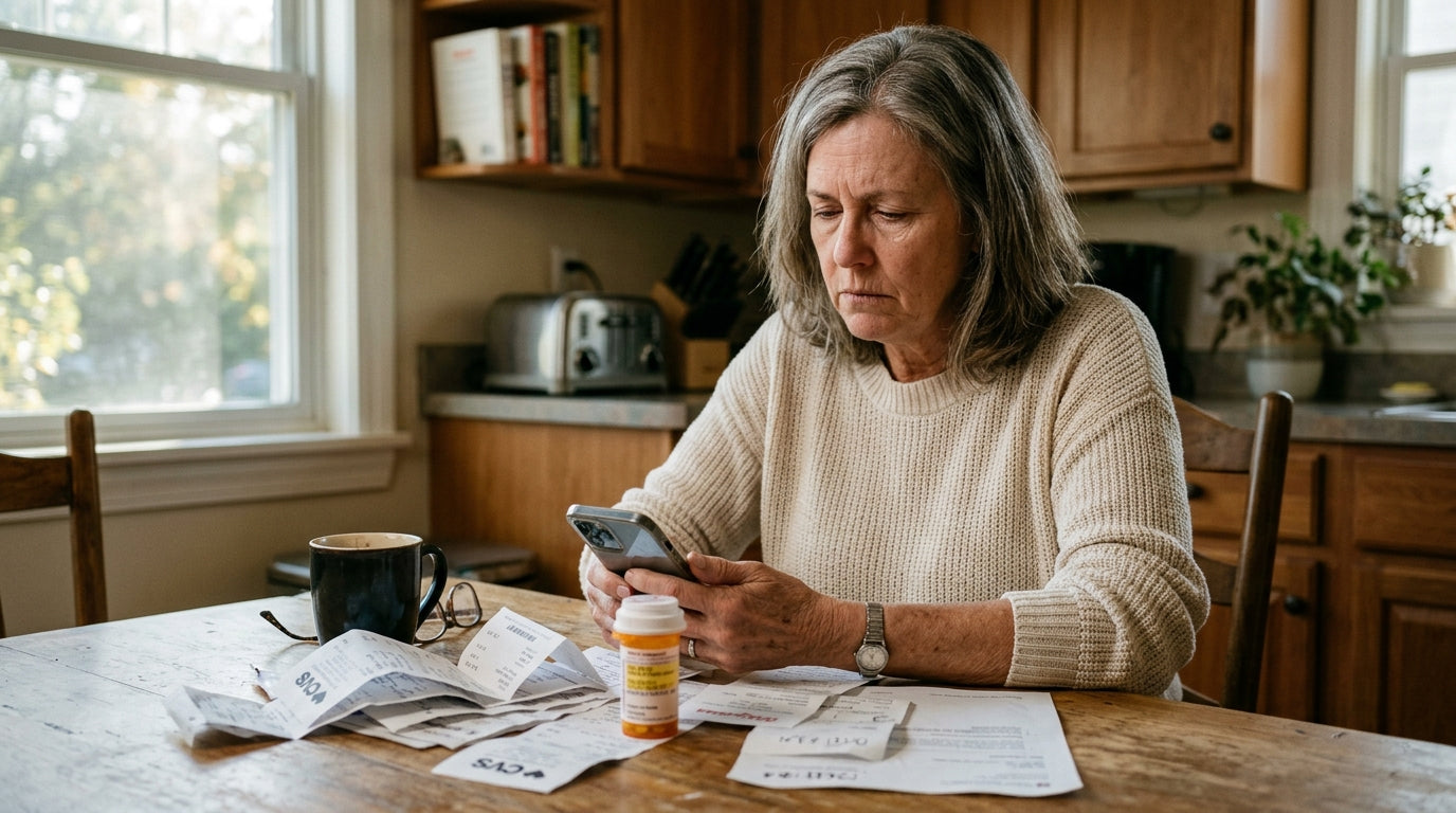 A woman in her late fifties sitting at her kitchen table on a Tuesday morning with printed bank statements and Jublia receipts spread in front of her, holding a magnifying mirror, morning light through the window.