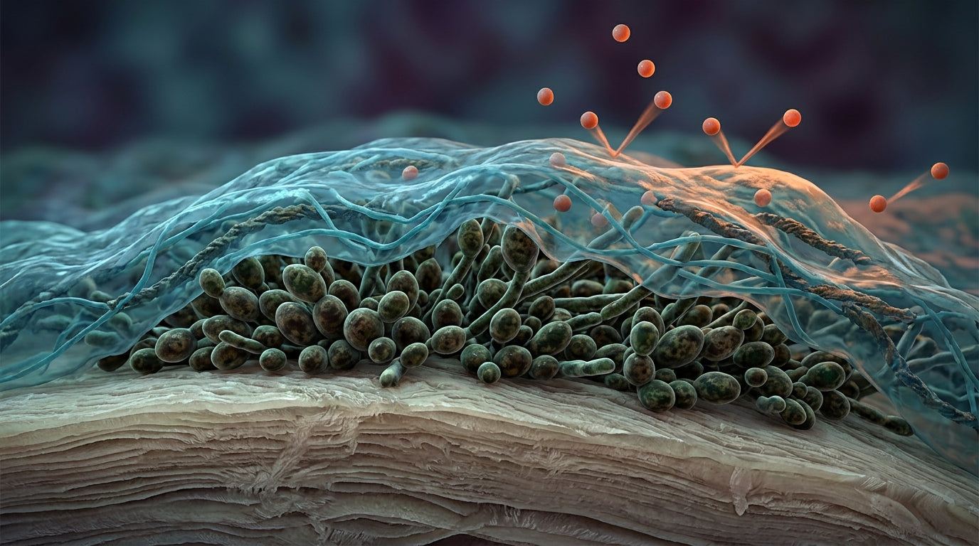 Scientific illustration of fungal biofilm under a toenail — translucent fortress-like matrix shielding a colony from an applied topical compound.