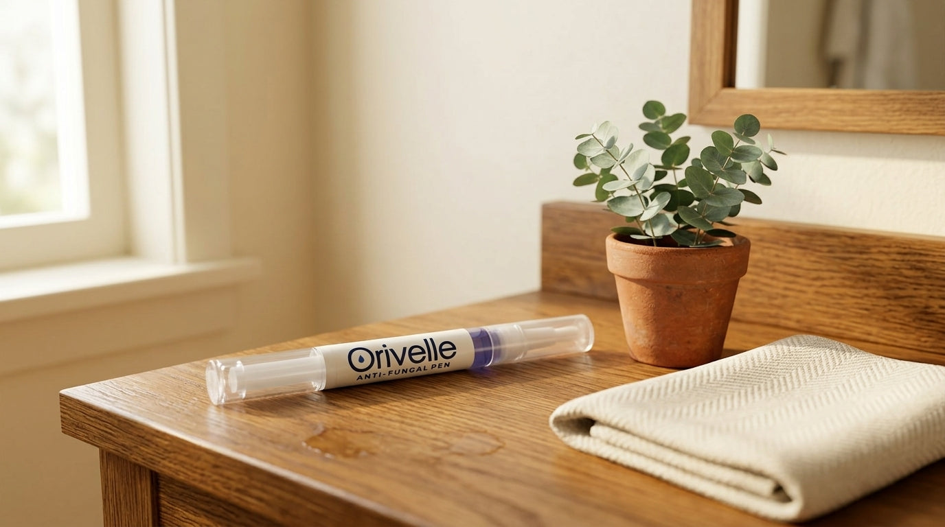 Orivelle precision applicator pen on a linen cloth in warm morning light, with sprigs of tea tree and a ceramic dish, editorial wellness still life.