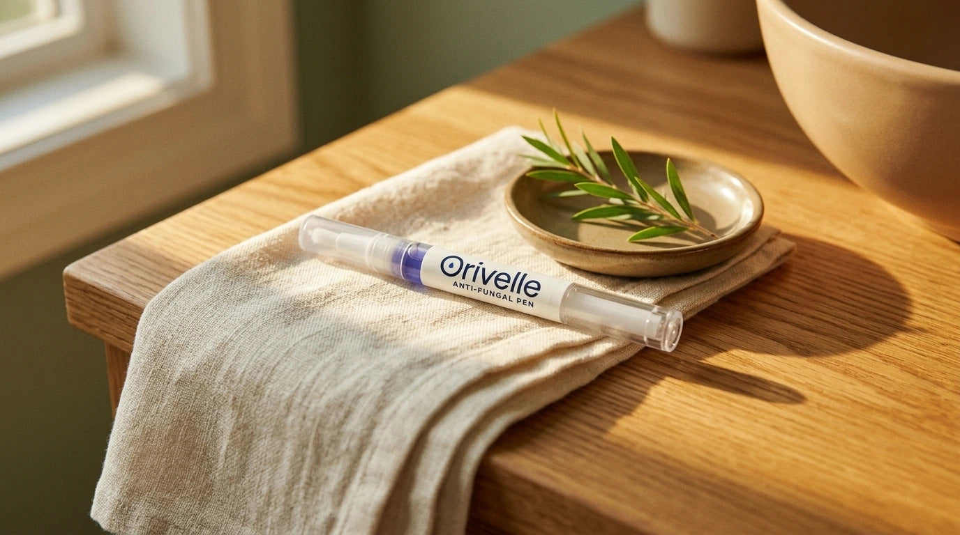 The Orivelle precision pen resting on a warm linen surface in a domestic setting, late afternoon light.