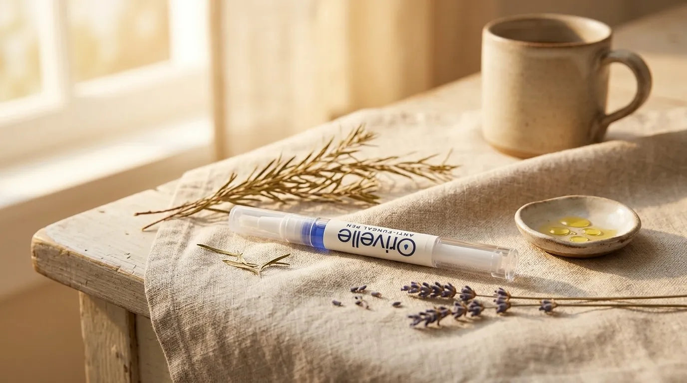 Orivelle pen resting on a linen cloth with dried botanicals, warm morning light, editorial wellness still life.