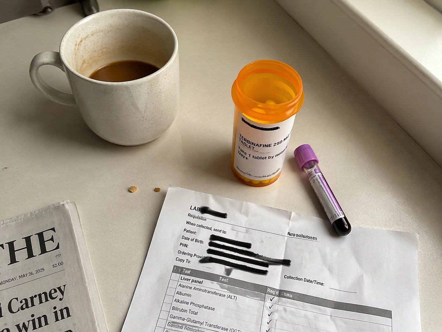 Phone snapshot of an amber terbinafine prescription pill bottle next to a lavender-topped bloodwork vial and a liver-panel lab requisition on a kitchen counter.