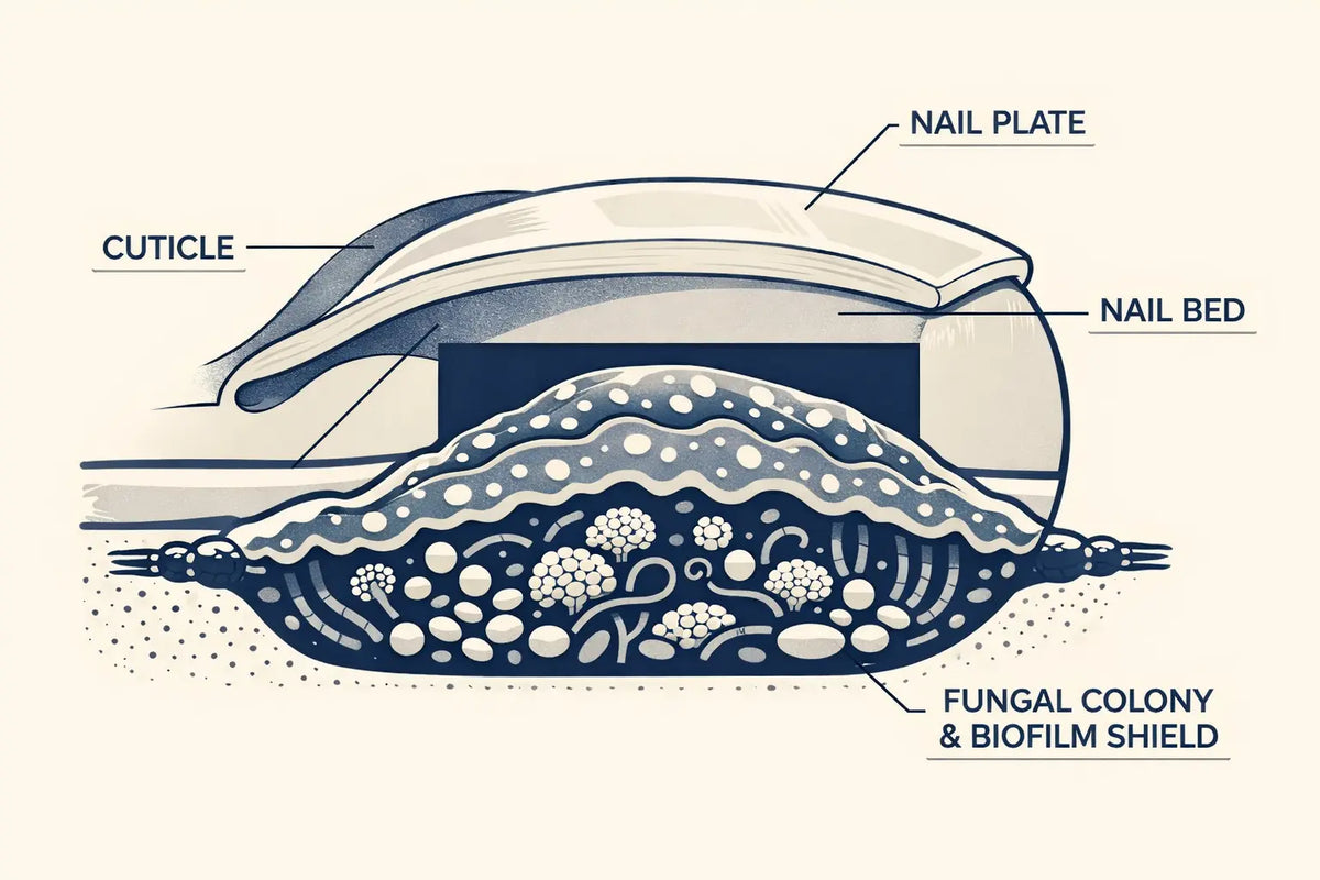 Biofilm fortress diagram — why antifungal creams fail to reach the live colony