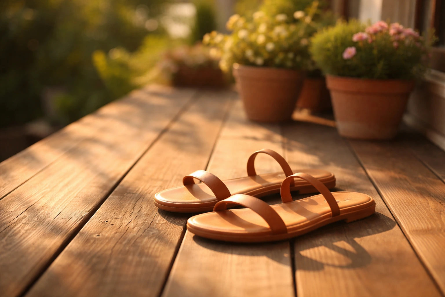 Pair of tan leather slide sandals on a sunlit wooden porch in golden-hour light, warm amber and cream tones, aspirational but understated.