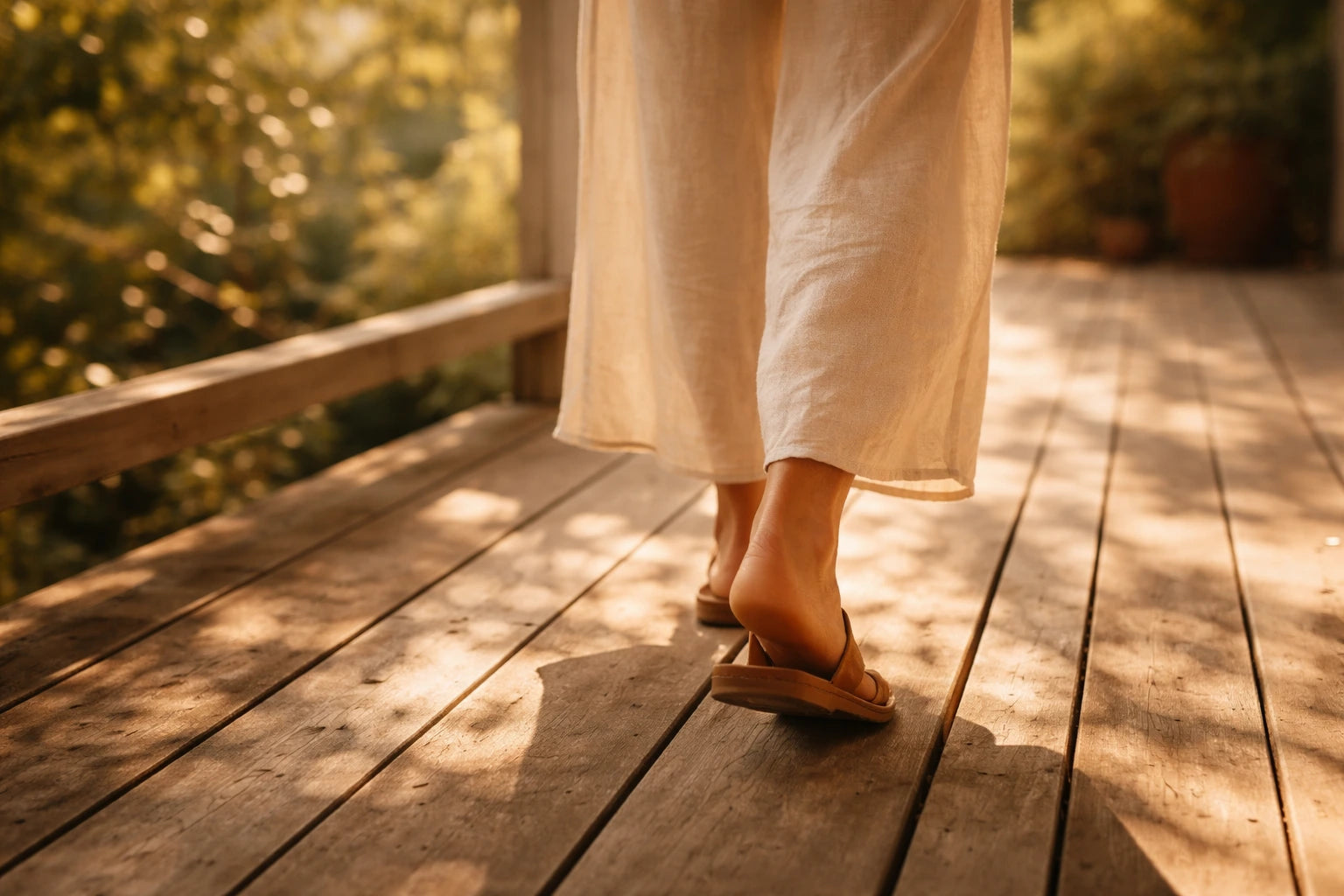Woman's feet in comfortable open sandals walking along a sun-dappled wooden porch in golden-hour light, shot from behind, aspirational and relaxed.
