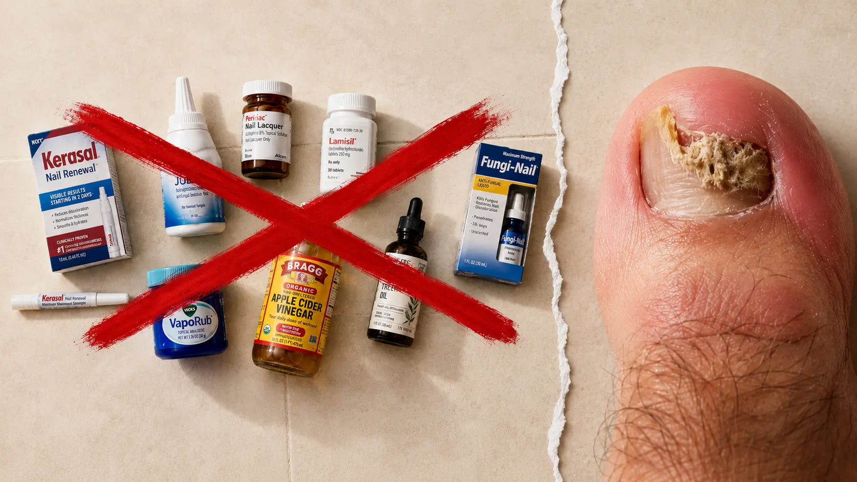 Editorial illustration of five adult toenails in a row: four show yellow discoloration, the fifth on the right is healthy — visualizing the 1-in-5 cure rate of topical antifungal treatments.