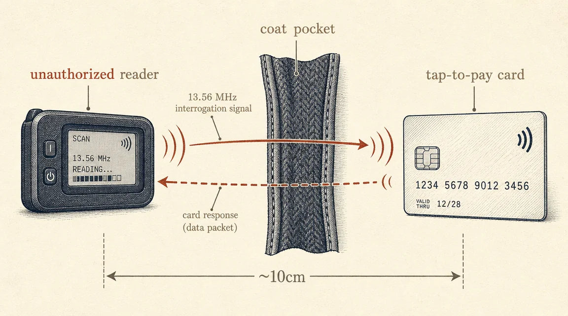 Editorial ink-illustration diagram showing the contactless skim mechanism: an unauthorized handheld reader on the left transmits a 13.56 MHz interrogation signal through a wool coat pocket in the middle to a tap-to-pay card on the right (approx 10cm distance), and the card's data-packet response signal returning to the reader.