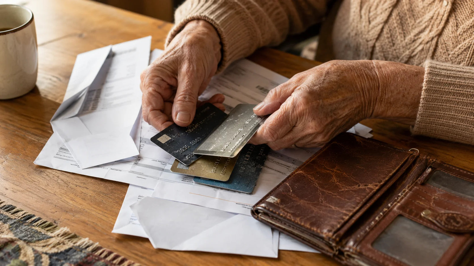 Senior's hands on a kitchen table sorting through a stack of reissued credit cards beside open bank envelopes — the visible evidence that reissuing alone does not stop the pattern.