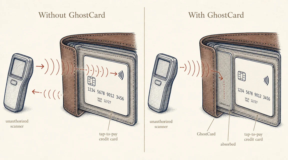 Side-by-side editorial ink-illustration: LEFT panel labeled 'Without GhostCard' shows unauthorized scanner sending signals through a wallet to reach a tap-to-pay card and the card's signal escaping back. RIGHT panel labeled 'With GhostCard' shows the same setup but a thin shielding card inside the wallet absorbs the scanner's signal — no response reaches the card.