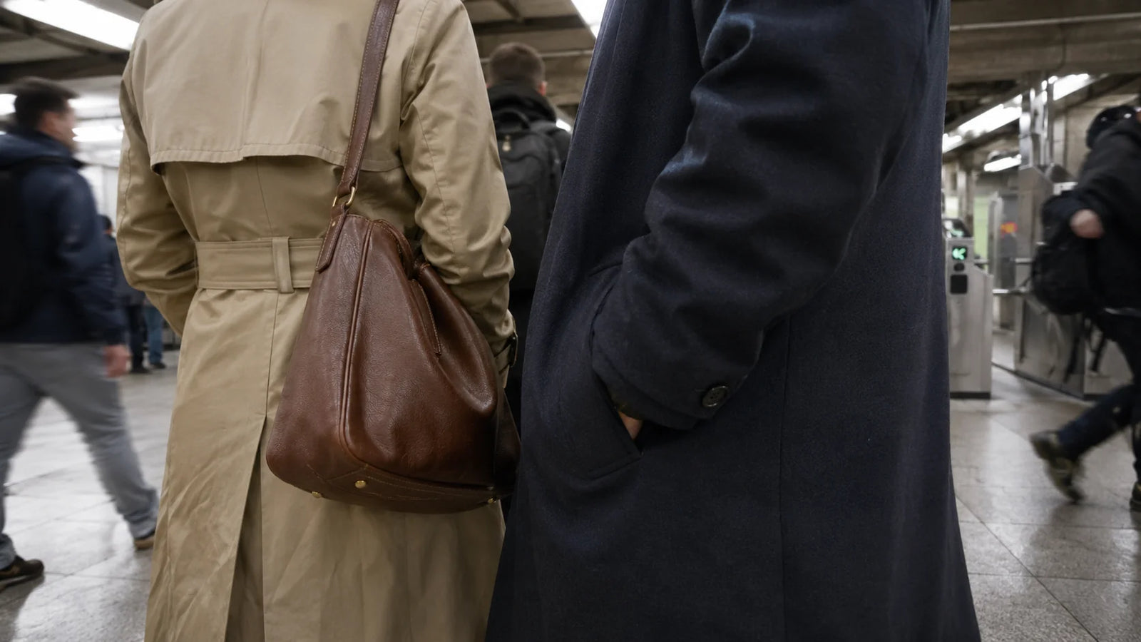 Over-the-shoulder POV of a busy U.S. grocery checkout line, a passing shopper's bag in slight motion blur close behind another shopper, no faces visible.