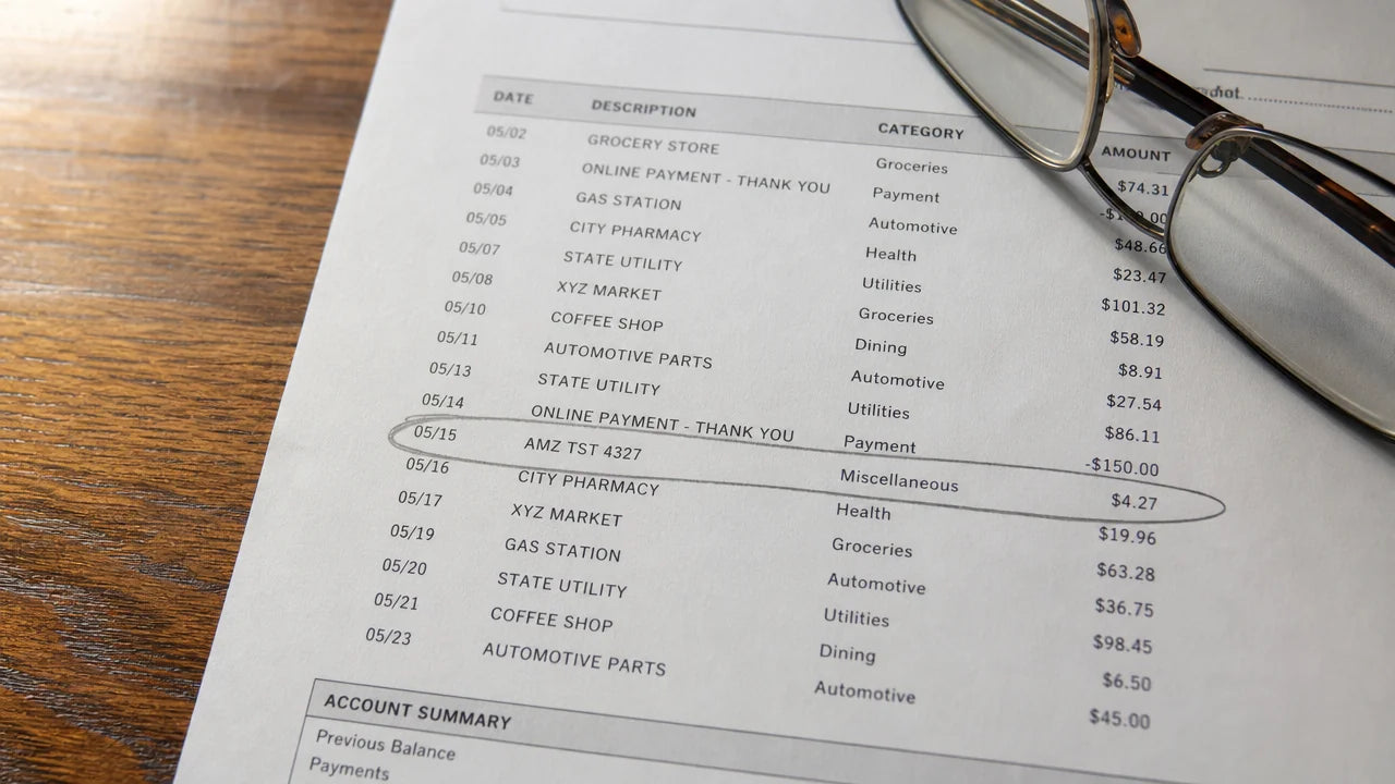 Closeup of a printed bank statement with one small unrecognized charge — 'AMZ TST 4327' for $4.27 — pencil-circled by the reader. Reading glasses rest on the corner of the paper.