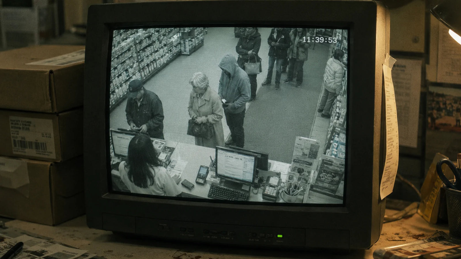 Grainy CCTV security-monitor frame on an old CRT in a back-office pharmacy desk: high-angle ceiling view of a checkout queue, a silver-haired woman in a beige wool coat third in line holding a leather tote, a hooded man four inches behind her holding a small dark device at hip level, timestamp 11:39:53 burned into the corner
