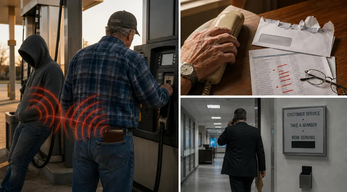 Three-panel investigative montage: at a gas pump, an older man in flannel reaches for the card slot while a hooded figure beside him broadcasts a red NFC scan halo from a coat pocket — and a second red halo emanates from the tap-to-pay card inside the older man's back-pocket wallet, the two signals meeting in the air between them; in a second panel, an older hand grips a landline phone receiver beside a torn bank fraud-alert envelope; in a third panel, a faceless suited bank employee walks away down a fluorescent corridor with a phone to ear