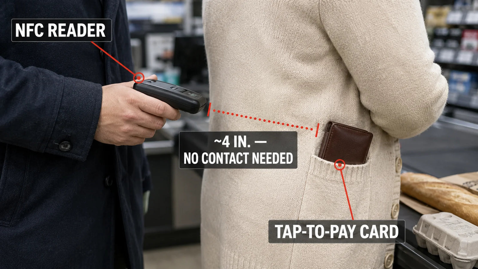 Documentary photograph at a U.S. grocery checkout with editorial-investigative overlay annotations: a man in a dark coat holds a small handheld NFC reader four inches from the older woman in front of him; red arrows label the device (HANDHELD NFC READER), the wallet in her cardigan pocket (TAP-TO-PAY CARD), the radio signal path through fabric, and the distance (~4 IN., NO CONTACT NEEDED).