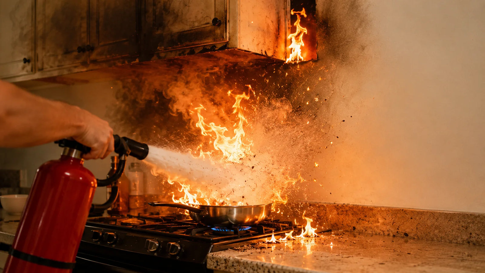 Generic red ABC dry-chemical fire extinguisher being used on a stovetop grease fire; the chemical cloud is making the fire worse, with flaming oil droplets airborne and cabinet undersides catching.