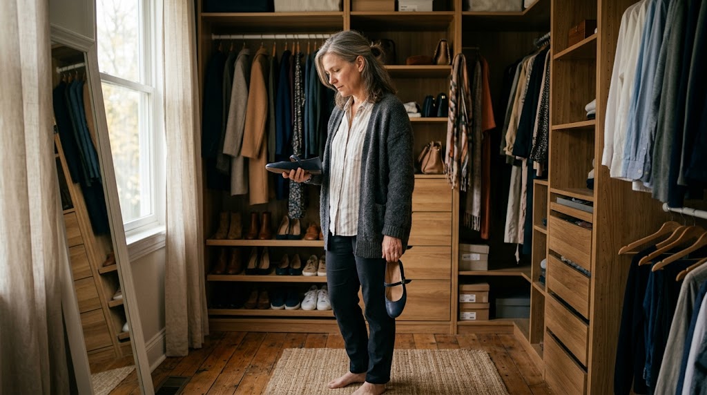 Woman standing in a closet holding closed-toe shoes at 7 a.m.