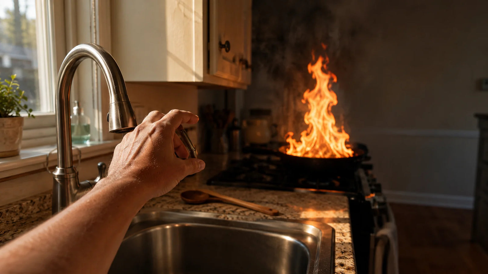 A hand reaching for a kitchen faucet, mid-gesture, with a flaming pan on the gas stove visible behind. The faucet reflex — the wrong move the spokesperson sees in 80% of her worst-outcome patients.