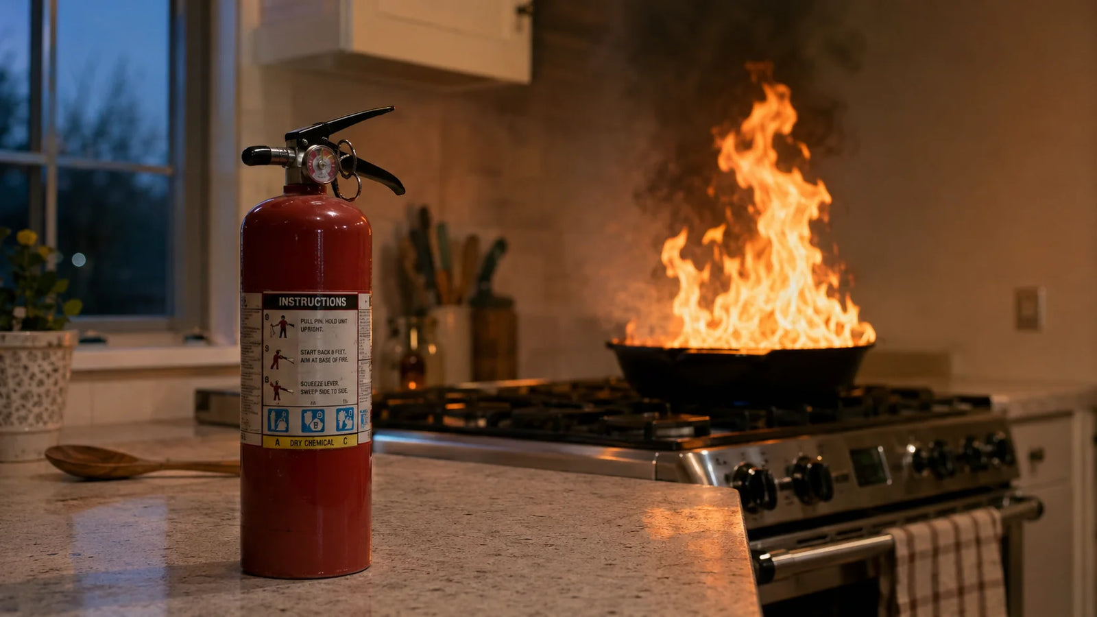 Hero image — an open kitchen drawer beside a stove, evening light, with conspicuous EMPTY space where the fire blanket should go. Visualizes the listicle's central thesis: 'the gap is closer than you think — it's in the drawer next to your stove.'