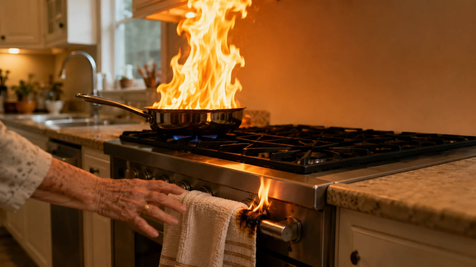 A woman's hand mid-reach for a dishtowel beside a small grease fire on a stovetop pan.