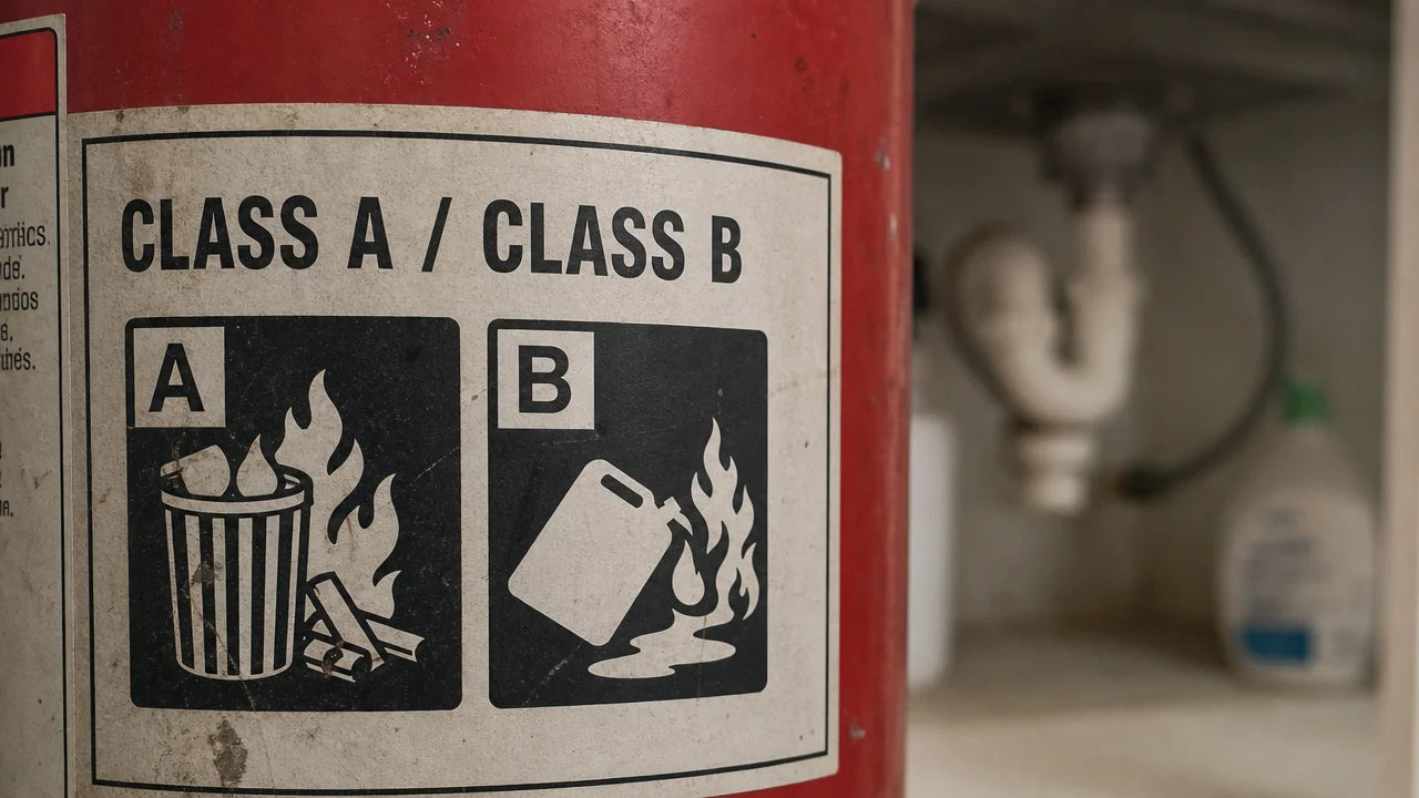 Inline image after Reason 1. A residential hallway ceiling-mounted smoke alarm in close-foreground focus, with the open doorway to a kitchen visible in the soft-focus distance. Visualizes 'the alarm tells you — but it's standing fifteen feet away.'