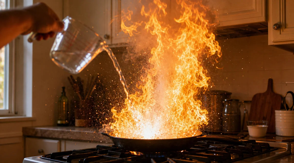 A hand pouring water from a glass measuring cup into a flaming pan on a gas stove. Water-stream mid-flight; bright white-orange burst of steam-and-flame erupting upward from the impact point — the moment water flashed to steam.